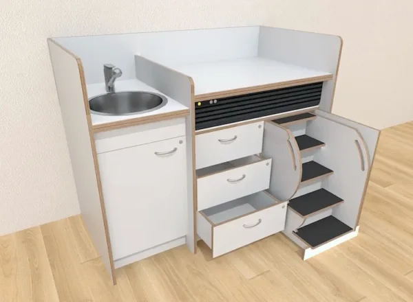 Commode 150 cm volledig wit – Met ingebouwde trap en verstelbare hoogte foto 1