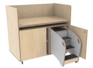 Commode 120cm berken, verrijdbaar, trap rechts